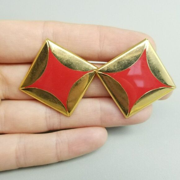 Vintage Red Enamel and Gold Tone Square Stud Earrings, Retro 80s Style - Picture 2 of 6